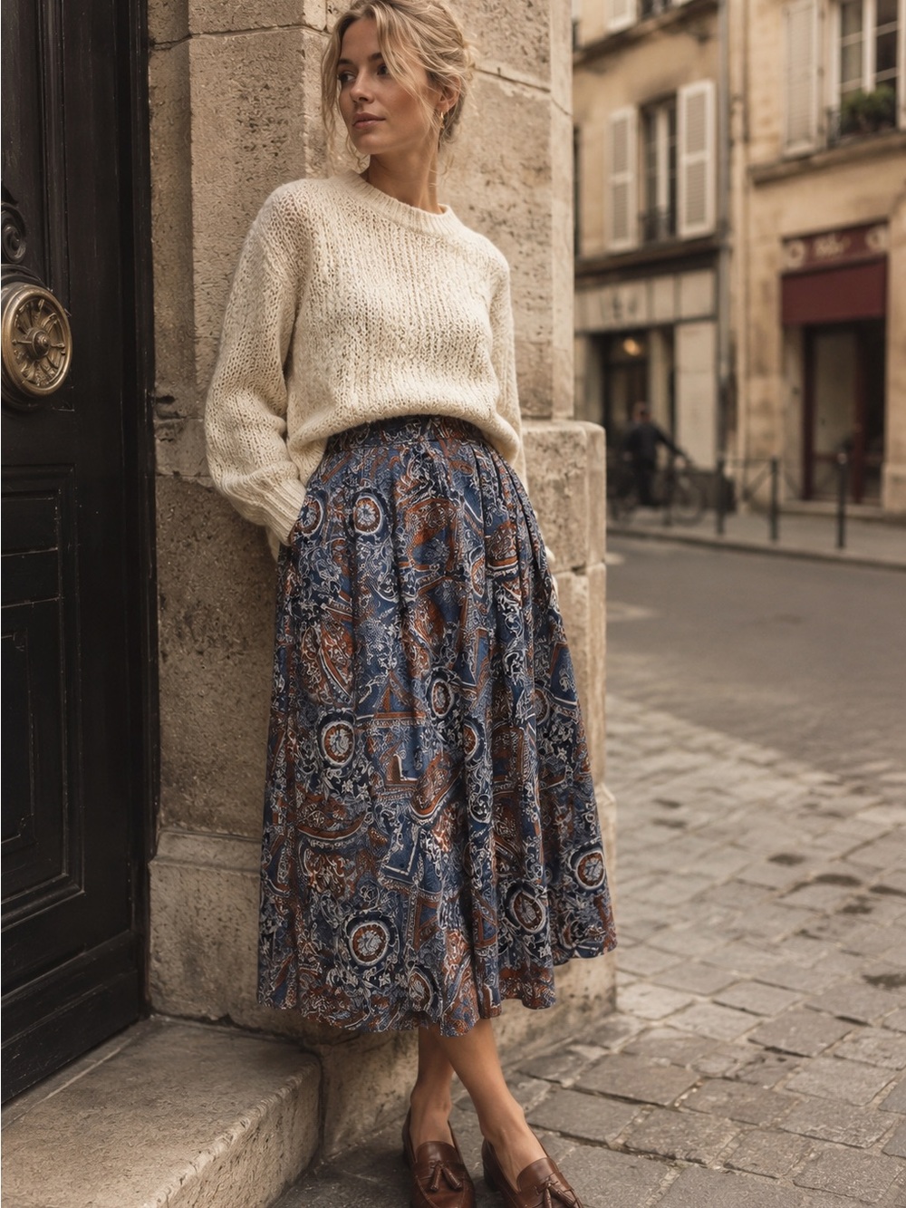 Vintage German Paisley Pleated Midi Skirt Size S